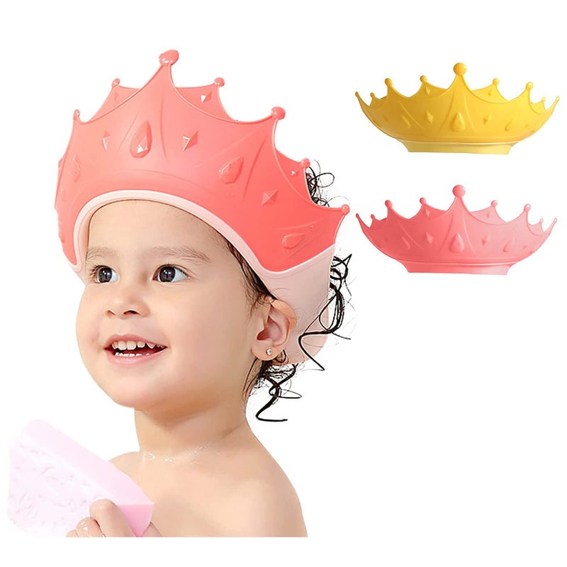 FUNUPUP Kids Shower Cap, 2 Pack Adjustable Toddler Hair Washing Bathing Cap Shield Visor Shampoo Cap Protect Baby Eyes (Crown, Pink and Yellow) - Image 1